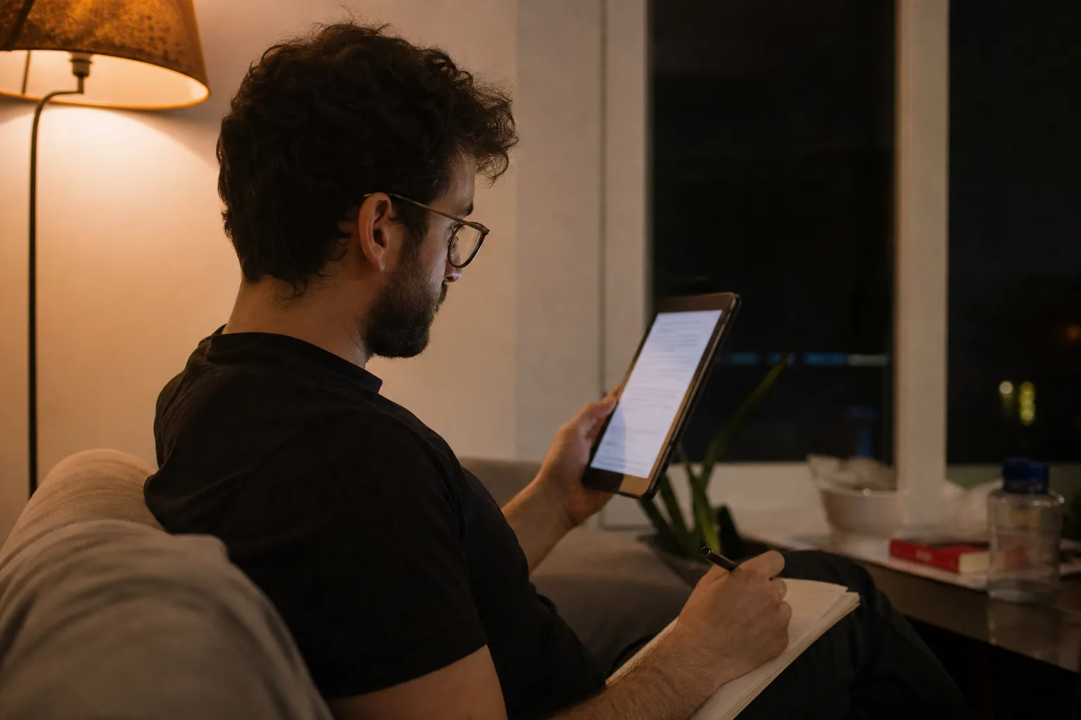 Trader on a sofa in the evening reading a short summary on a tablet with a notebook open on the knee