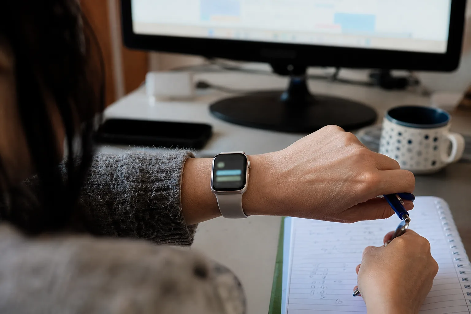 Smartwatch lighting up on a trader's wrist while the hand writes a level in a notebook