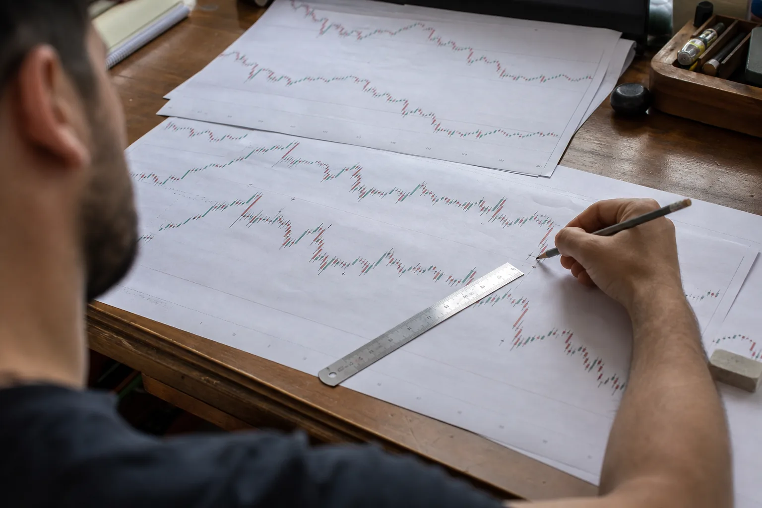 Long printed intraday charts spread across a table with a ruler and pencil marks at entry points