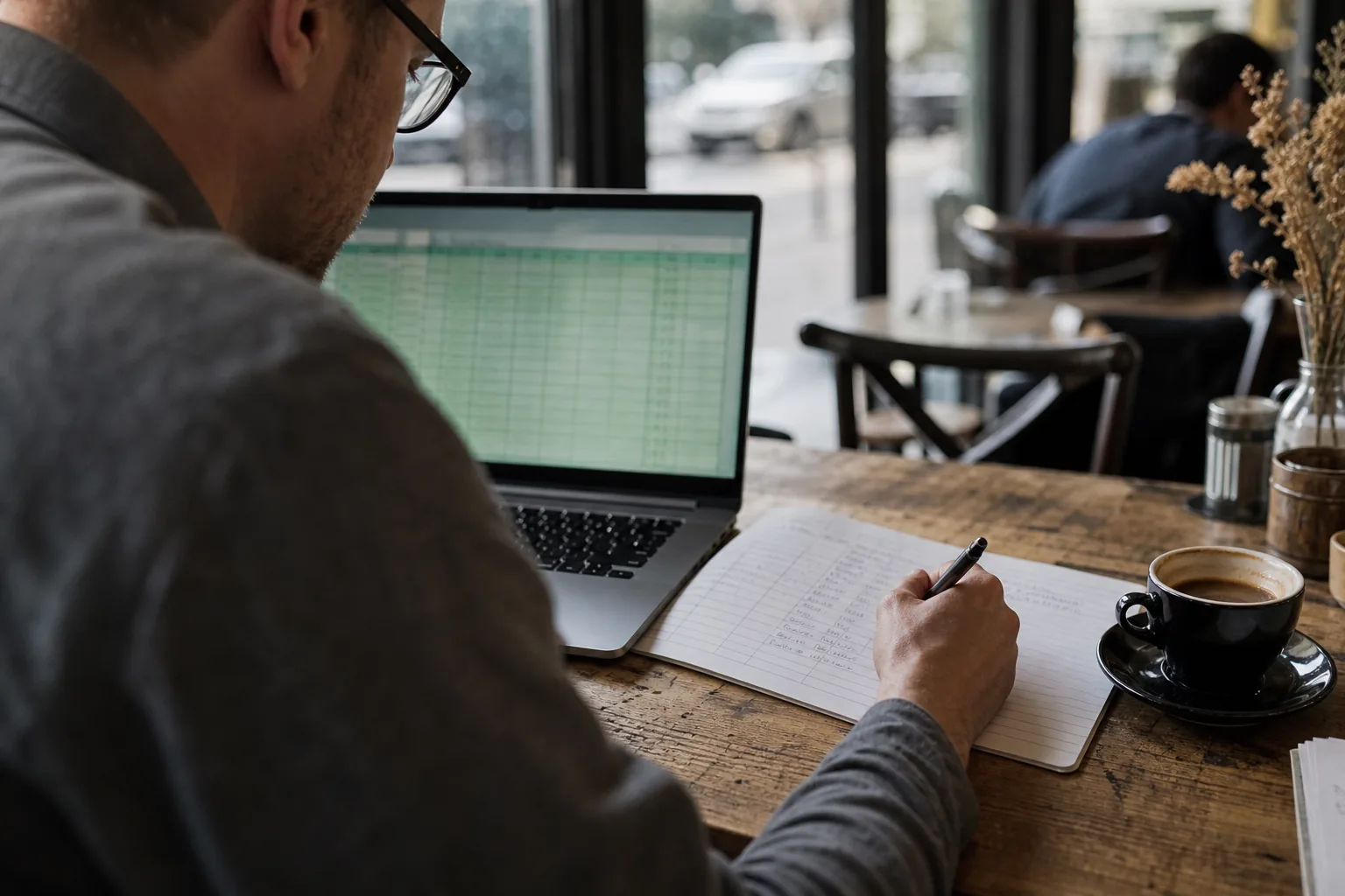 Laptop with a blurred spreadsheet next to a paper trading journal and a pen on a cafe table