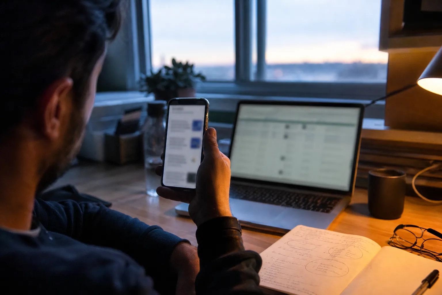 Phone showing a blurred news feed in a hand at dawn next to a laptop with a scanner list