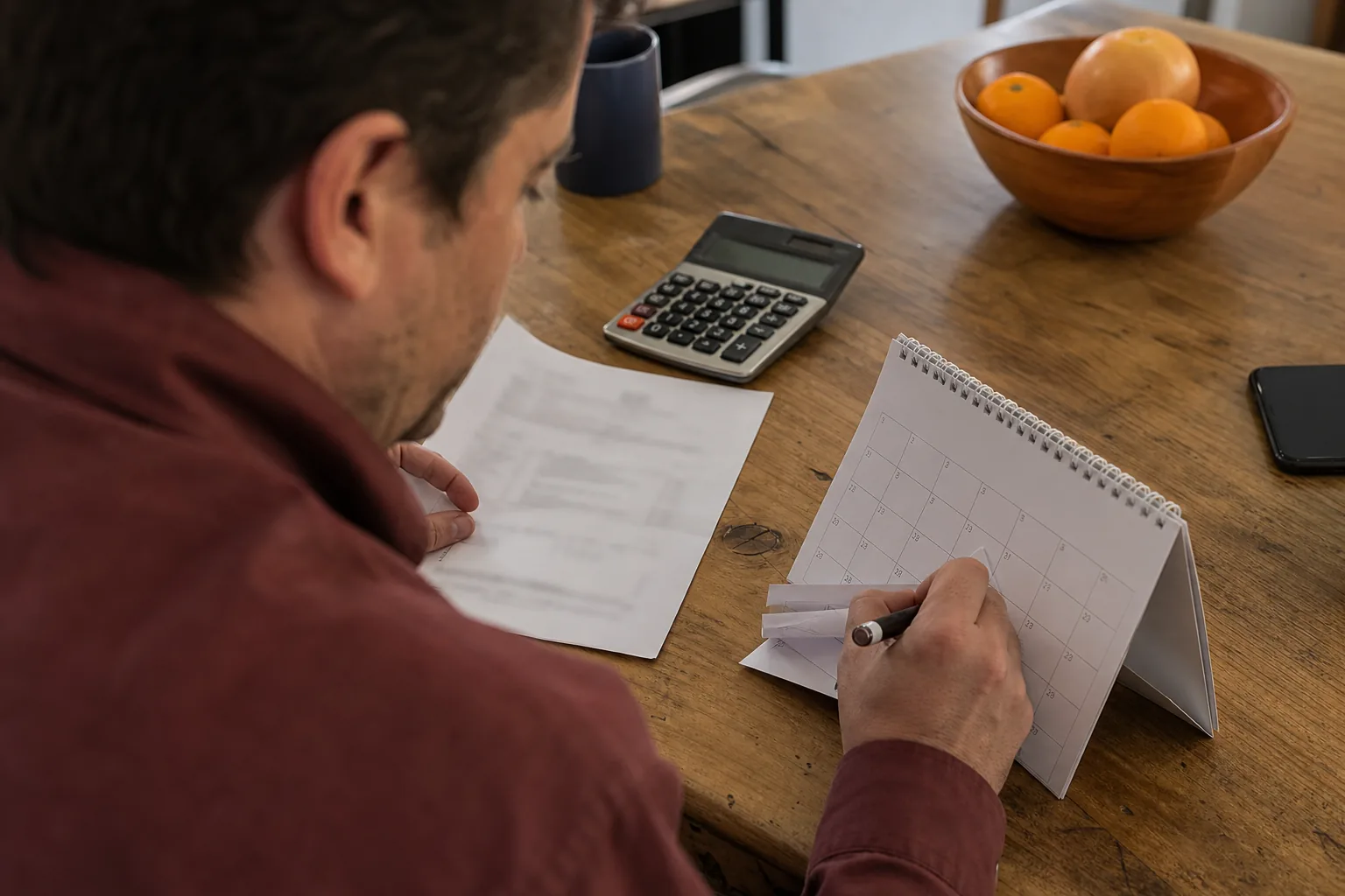 Broker account letter and a calculator on a kitchen table with a hand counting days on a pocket calendar