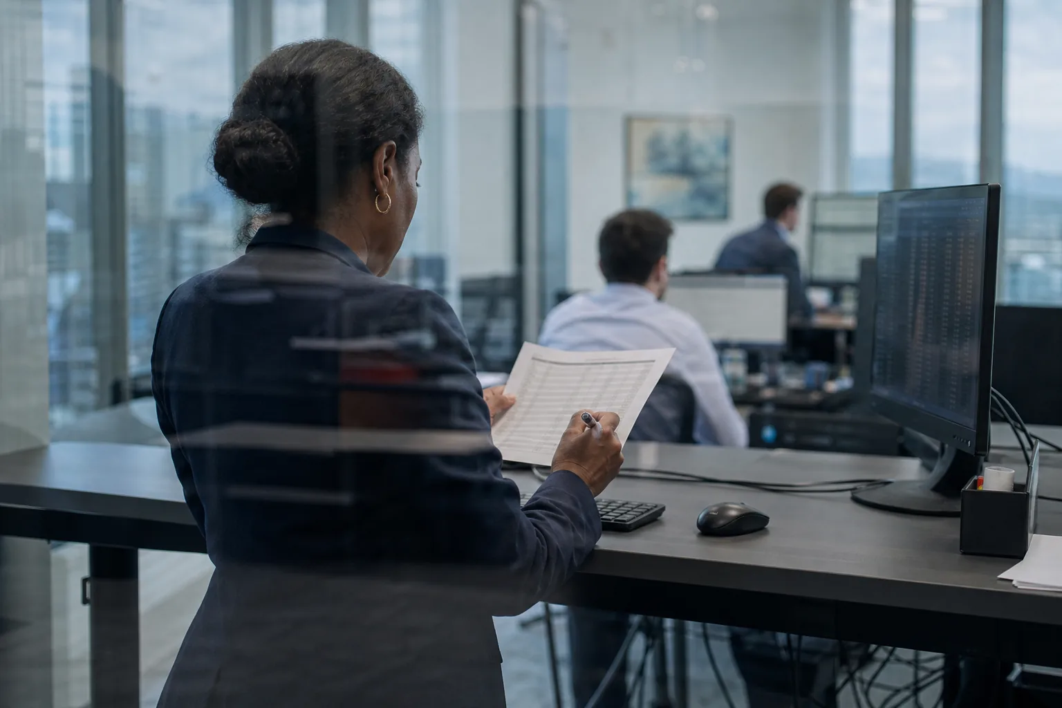 Risk manager at a standing desk holding a printed daily loss limit sheet, photographed from behind over the shoulder through the glass wall of a small trading room