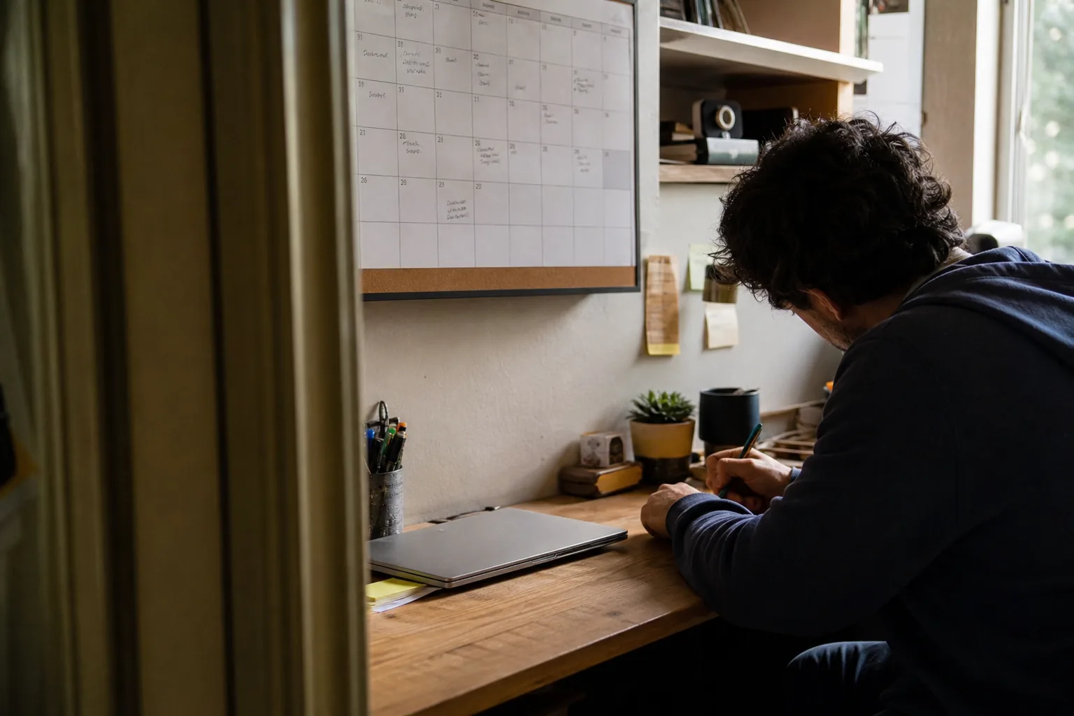 Paper wall calendar with small handwritten notes on trading days and a closed laptop on a desk below