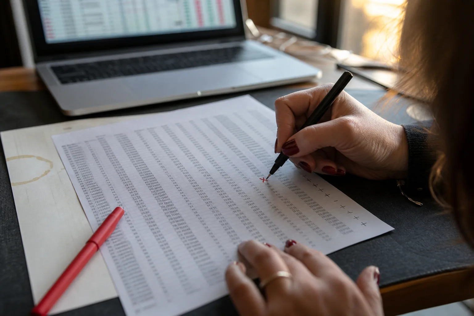 Printed broker execution report on a desk after the close with rows marked by hand, a few rows with small handwritten R values in the margin and a red cross next to one row, a laptop behind showing a blurred trading journal table