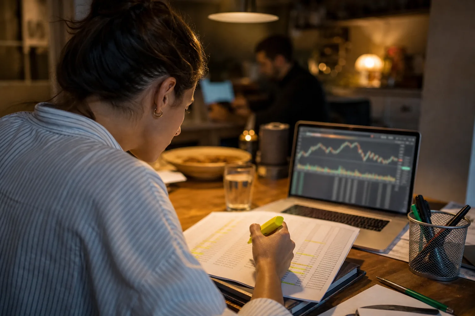Trader marking a printed list of the day's trades with a highlighter in the evening, a laptop and a closed notebook beside