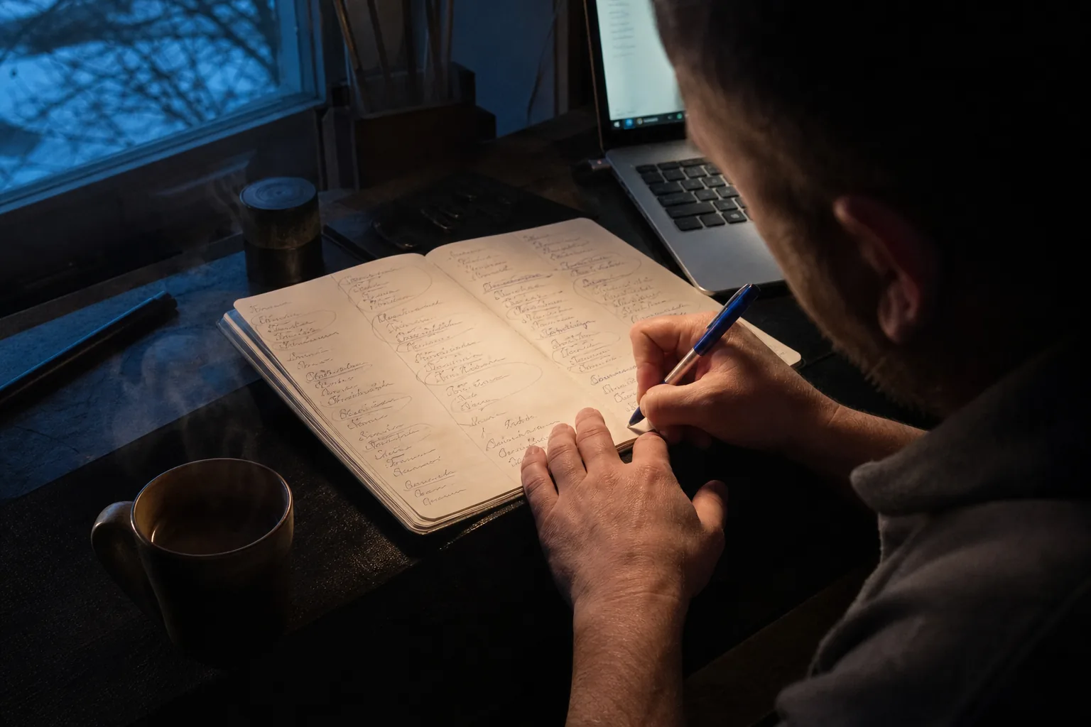 Notebook page with handwritten gap levels circled in pen, a cup of coffee and a laptop glowing before sunrise