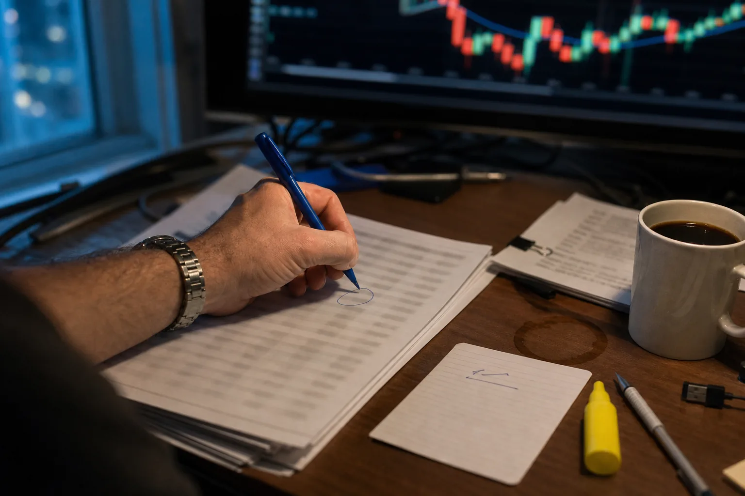 Hand of a trader marking a row on a printed premarket watch sheet with a blue pen before the open, a handwritten levels card and a highlighter beside it, a monitor with a candlestick chart out of focus behind