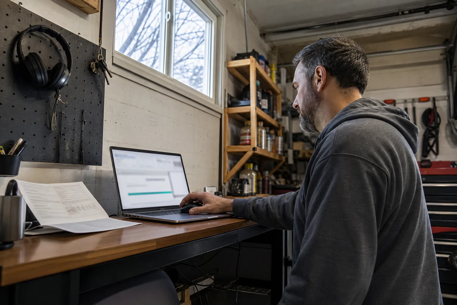 Trader at a standing desk downloading an execution file from a broker, laptop screen out of focus and a printed statement