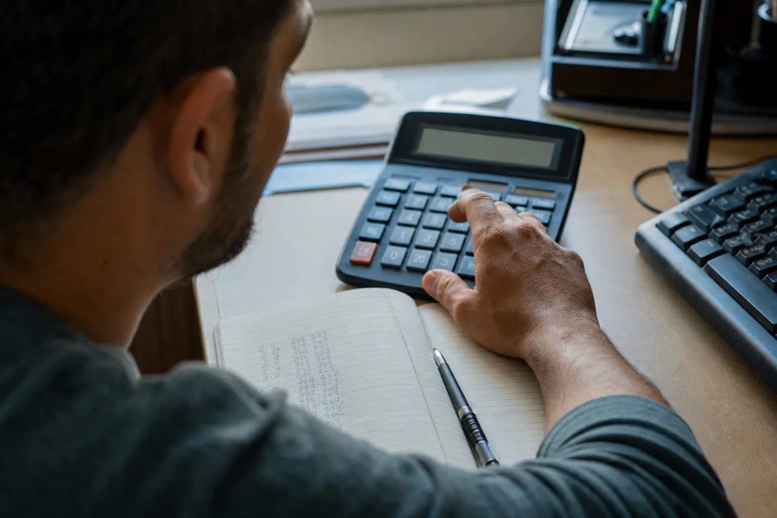Hand typing on a desk calculator next to a notebook with a column of handwritten numbers and a pen