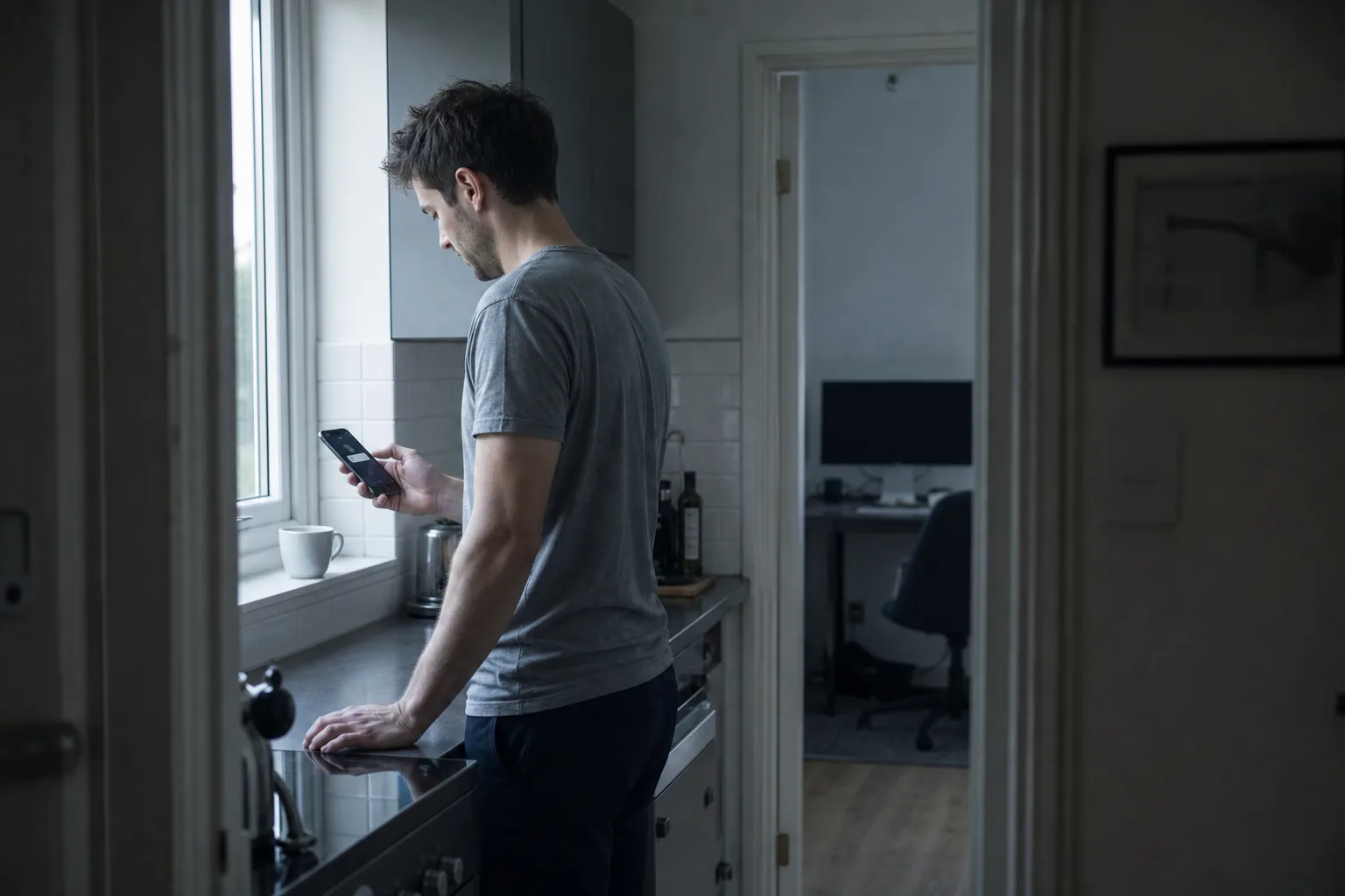 Trader standing by a kitchen window at 9:34 in the morning holding a smartphone with a lit lock screen notification, a cup of coffee on the sill, the trading room door open behind