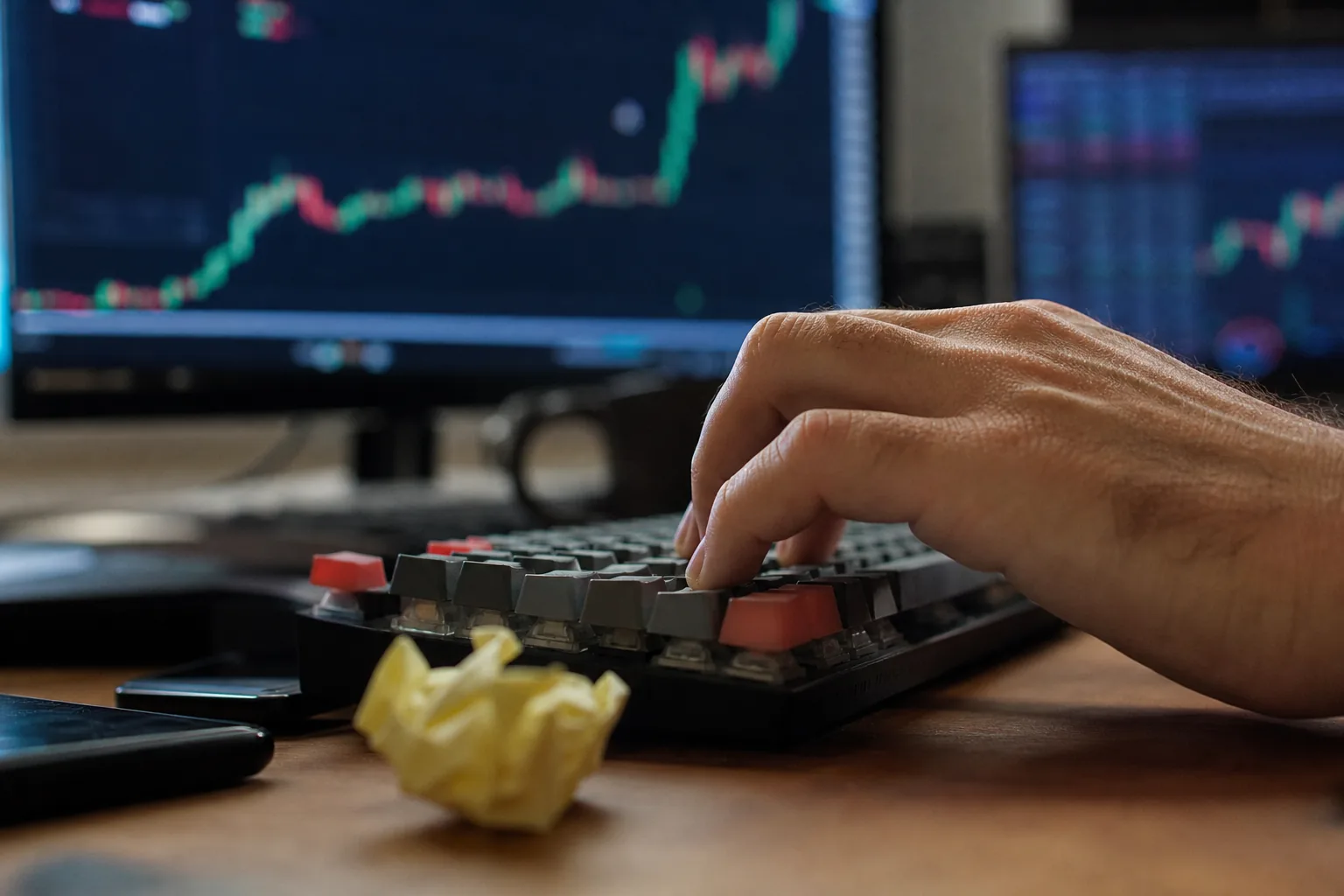 Close detail of a trader's fingers over a keyboard hotkey while a fast rising chart glows out of focus on the monitor