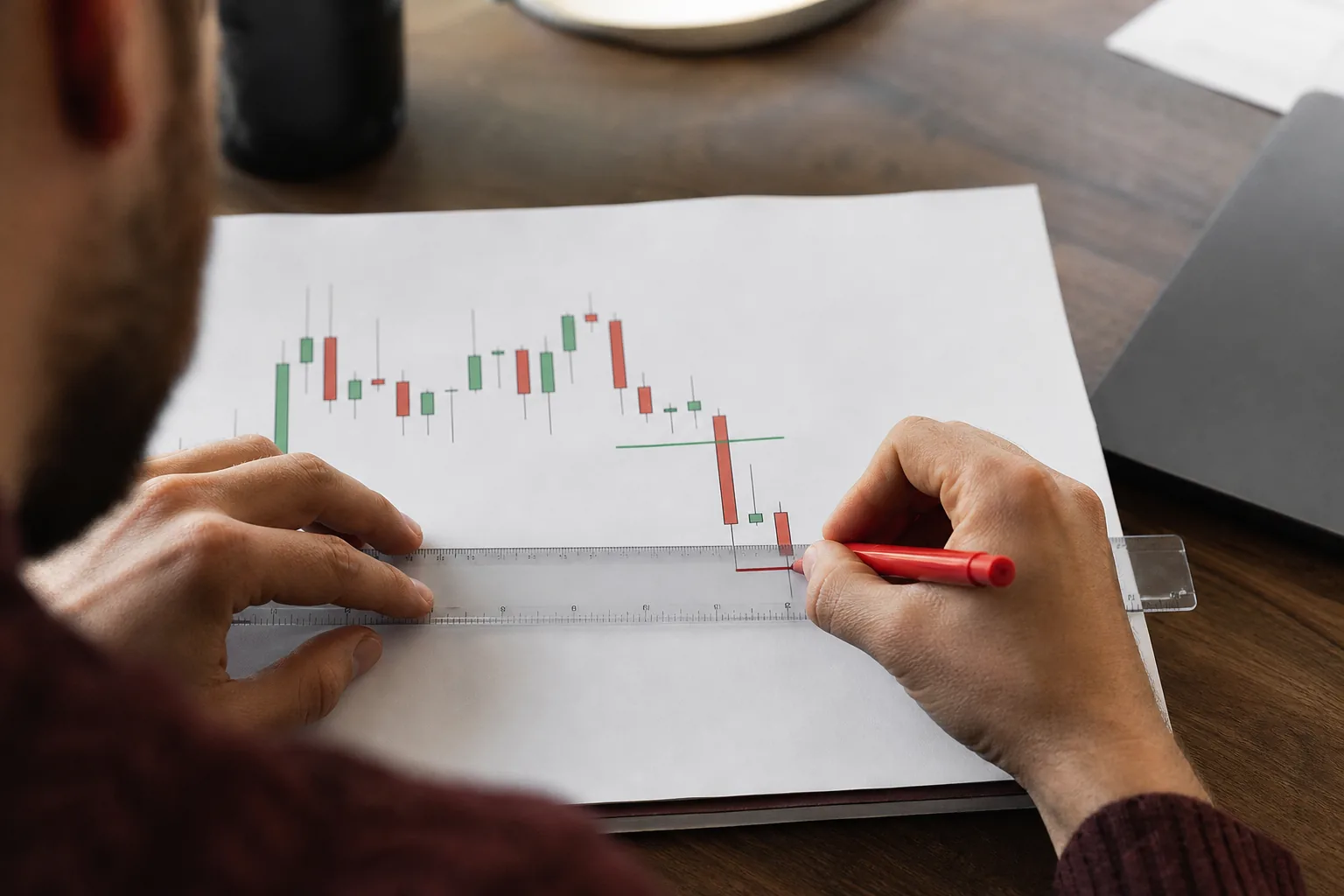 Printed chart with a ruler and two pen lines marking a stop below and a target above the entry