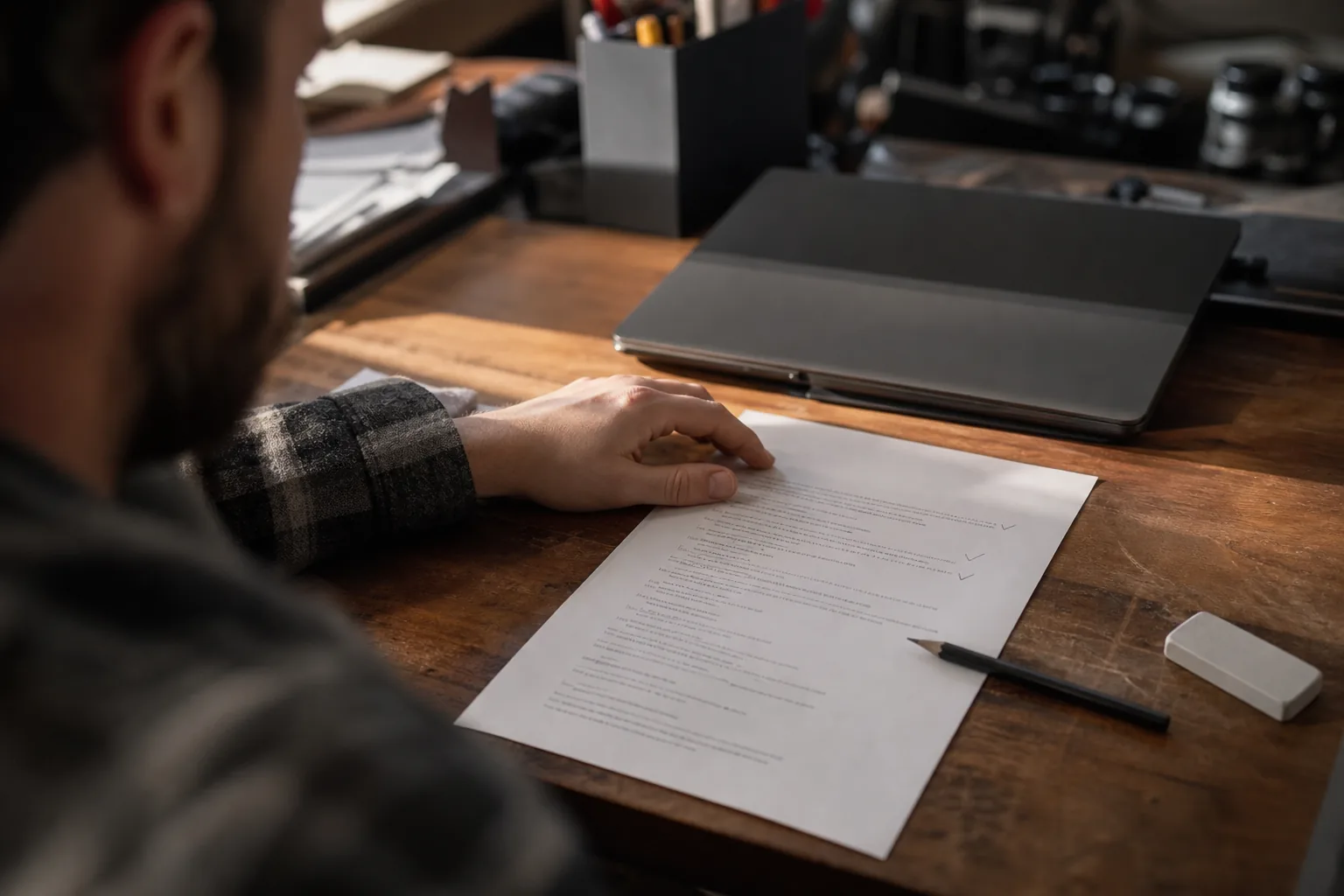 Printed checklist of scanner filter ranges on a desk with pen ticks next to each line and a laptop half closed
