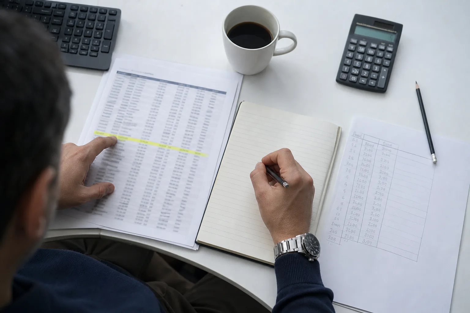 Hands transferring a filled trade from a printed broker execution sheet into a lined notebook at a white desk, a highlighter marking one row, a second sheet with a hand drawn table beside it