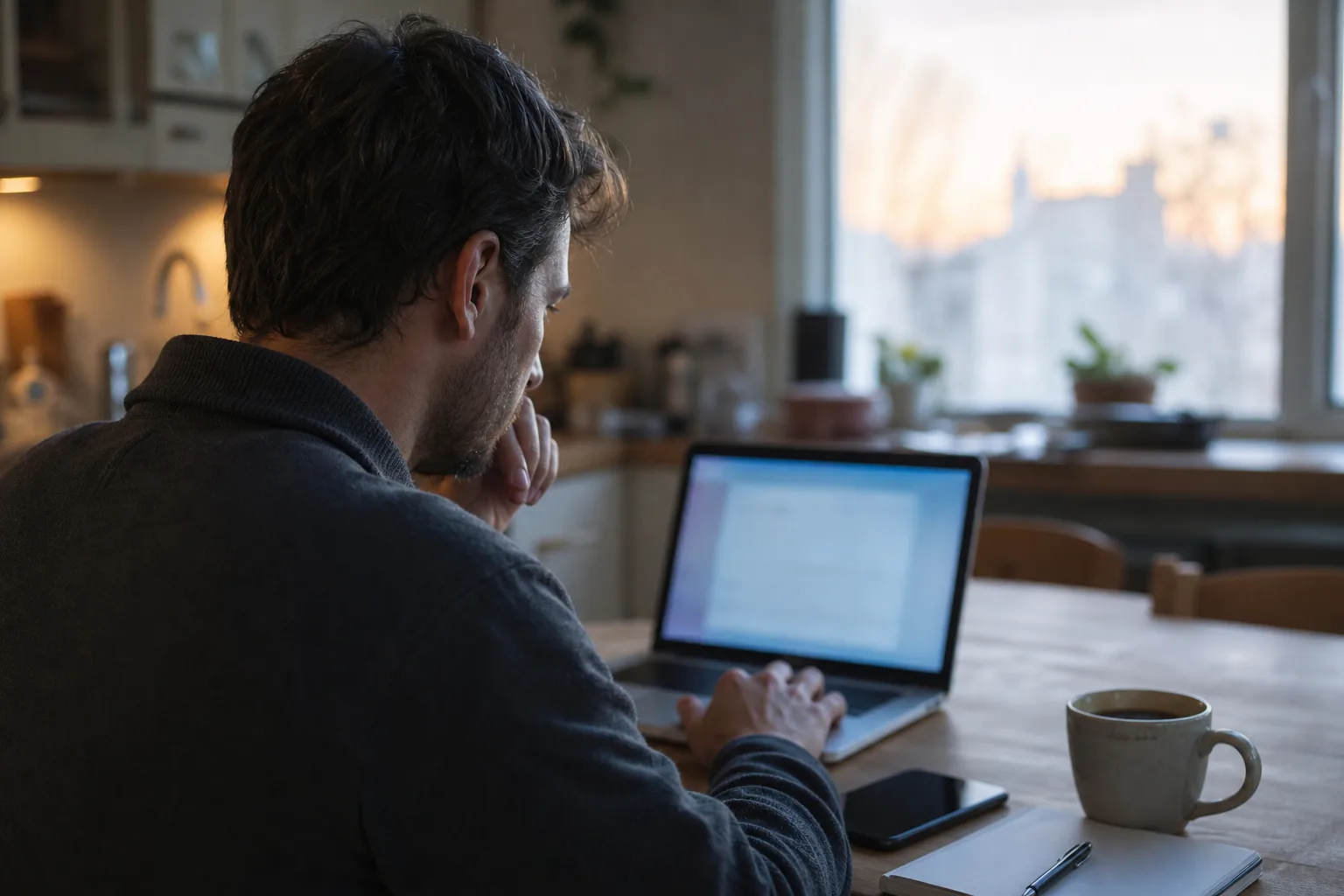Over the shoulder view of a trader at a kitchen table with a laptop and a phone before the market open
