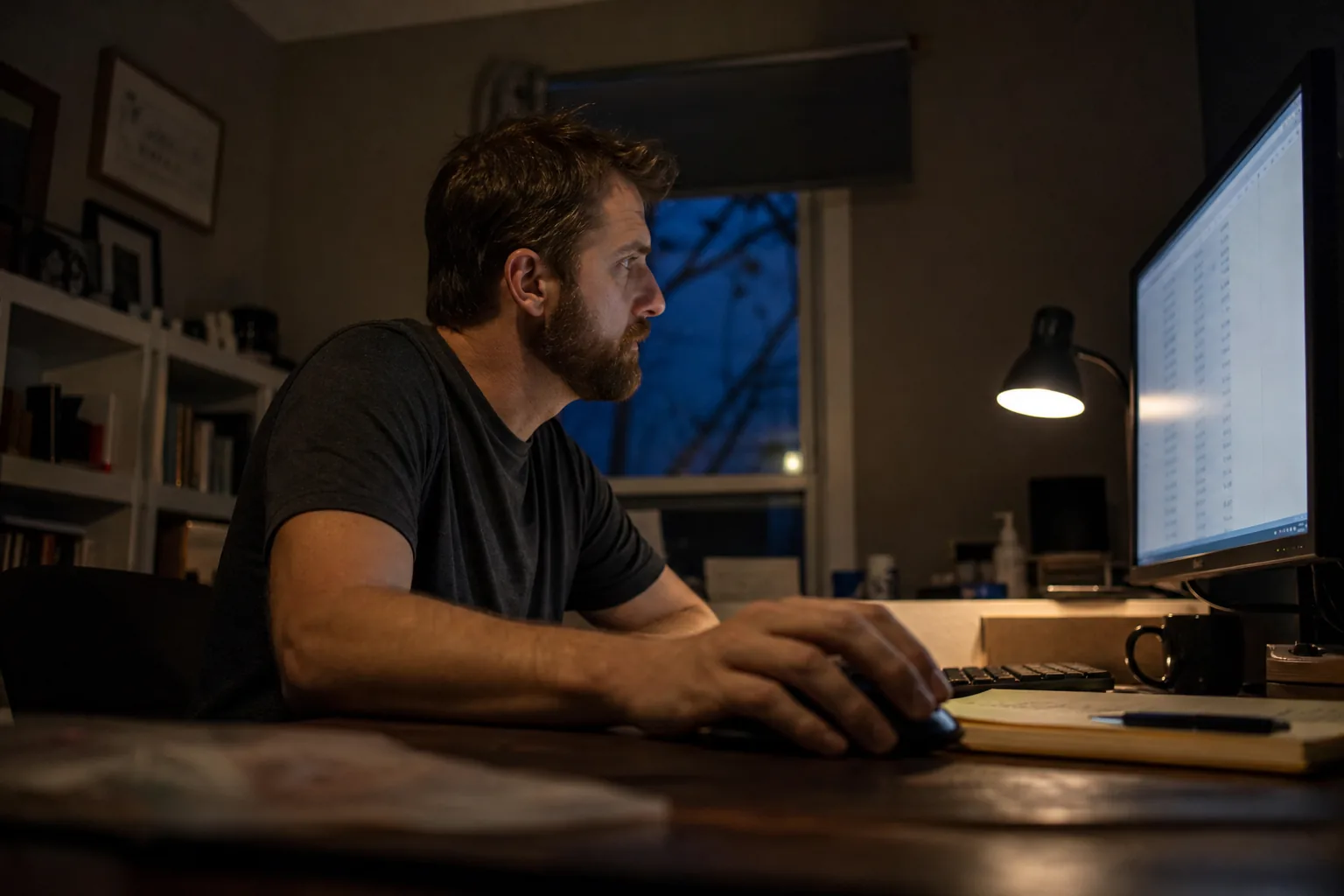 Trader's hand on a mouse in a dark room before the open, a monitor with a long ranked list out of focus and a desk lamp