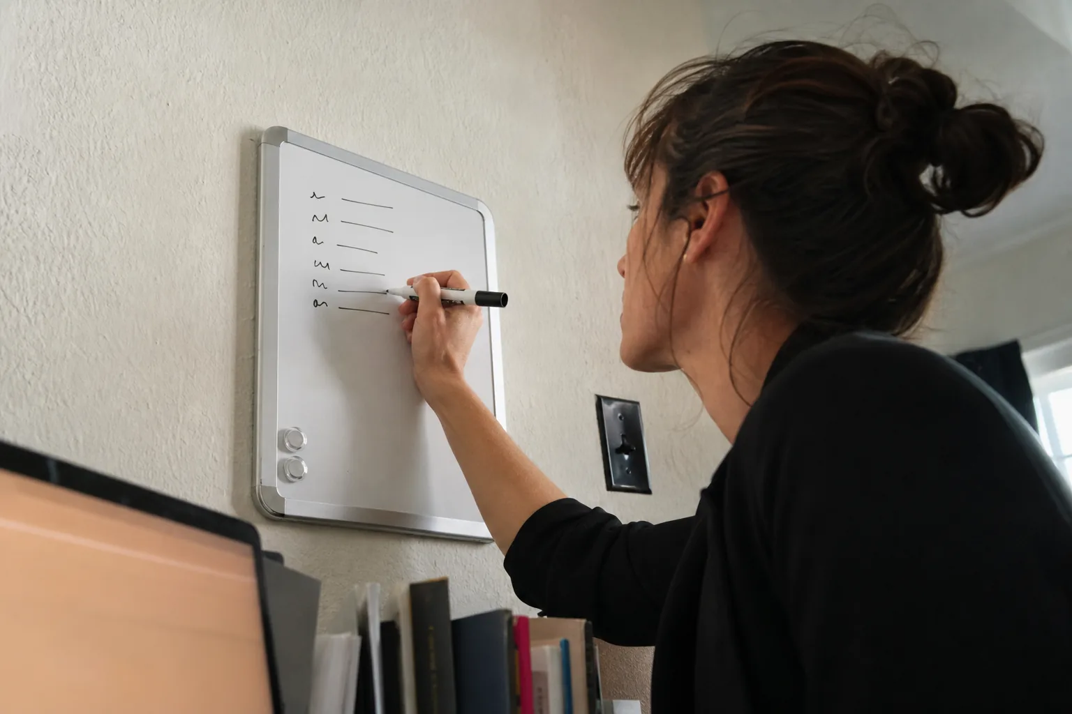 Small whiteboard on a home office wall with a short handwritten list of tickers and price levels, a marker in hand